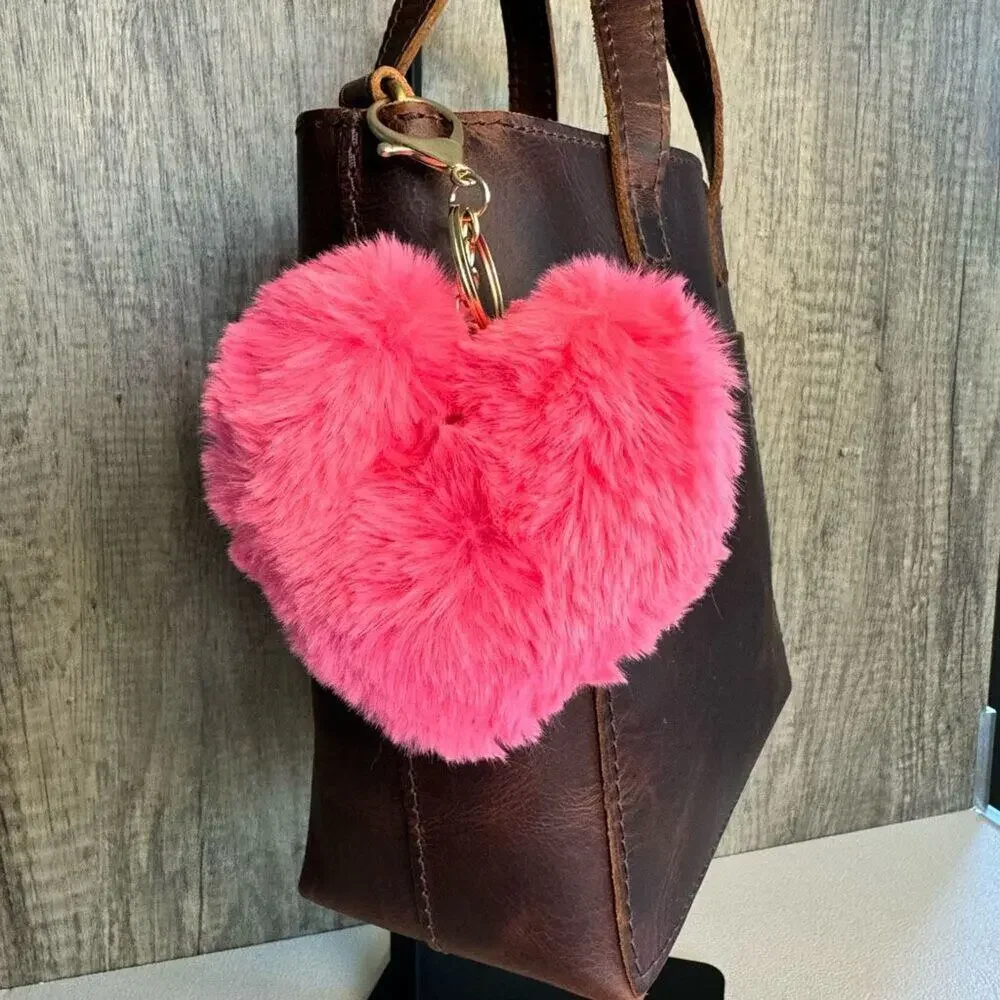 Fuzzy Pink Heart Charm FAST SHIP Pink Keychain Bag Charm